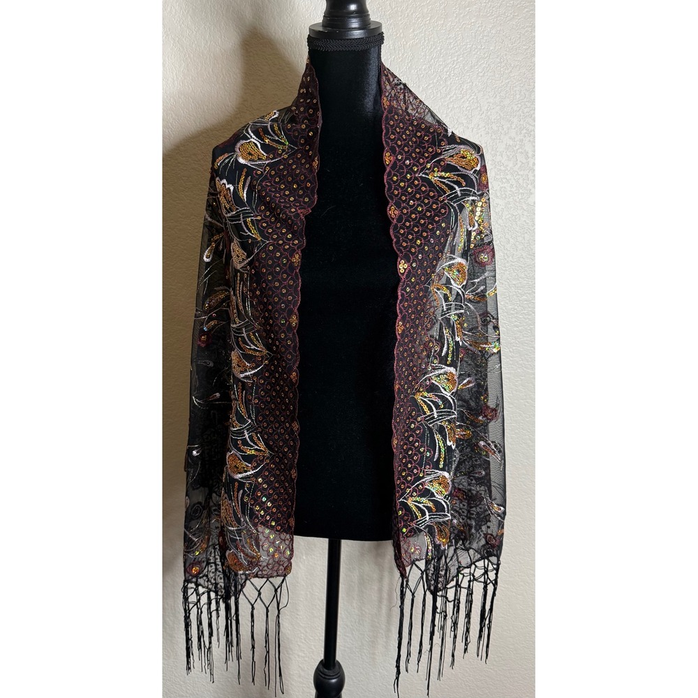 Womens OS Wrap Shawl Black Sequin Embroidered Floral Fringe Mesh Scarf Boho Chic
